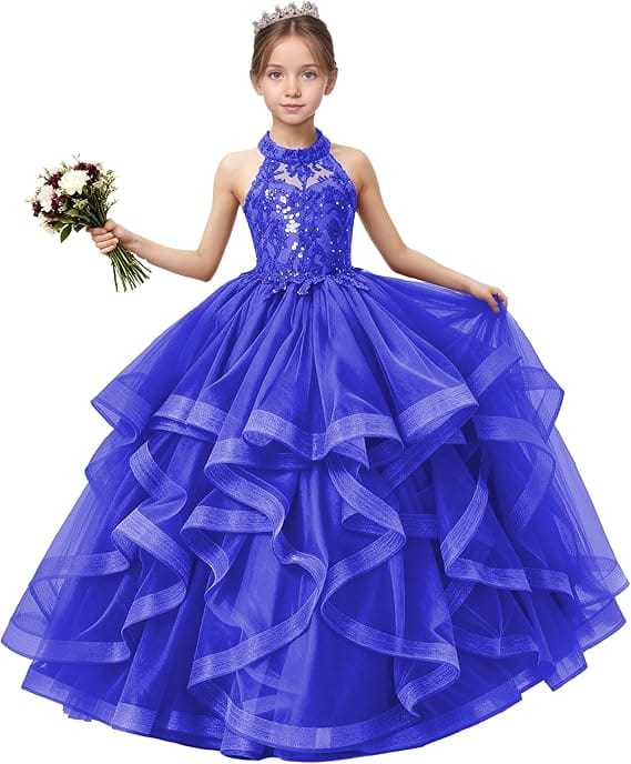 18m / Royal Blue Sunnypetal Sequined Lace Appliqué Tiered Tulle Flower Girl Ball Gown with Halter Neck