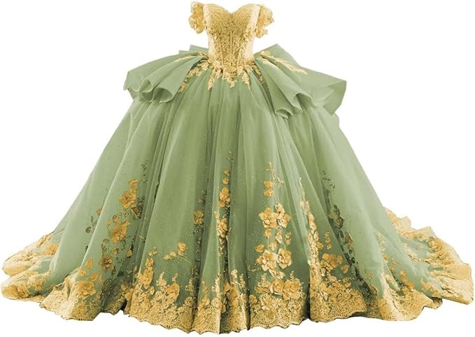 18m / Sage Green Sunnypetal Blue & Pink Off-Shoulder Flower Girl Ball Gown with 3D Floral Appliques