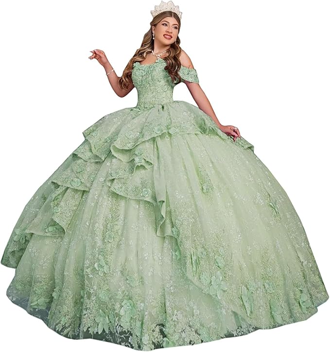 18m / Sage Green Sunnypetal Dreamy 3D Floral Tulle Ball Gown for Flower Girl or Pageant Party
