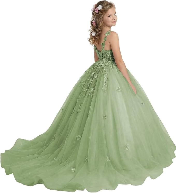 18m / Sage Green Sunnypetal Enchanted Blush Floral Lace Ball Gown Flower Girl Dress for Special Occasions
