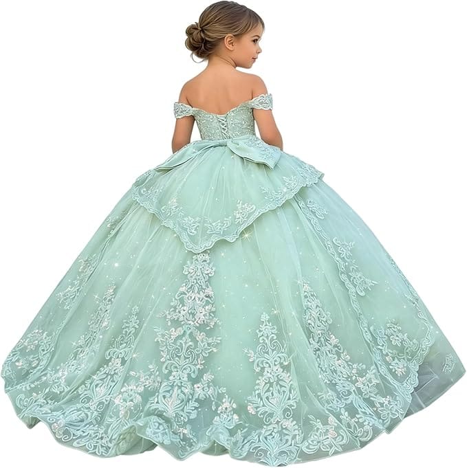 18m / Sage Green Sunnypetal Glitter Layered Tulle Ball Gown Flower Girl Dress with Lace Appliqué and Bow