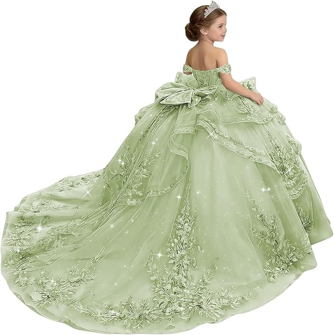 18m / Sage Green Sunnypetal Glitter Layered Tulle Off-Shoulder Girls Pageant Ball Gown with Dramatic Train &amp; Bow