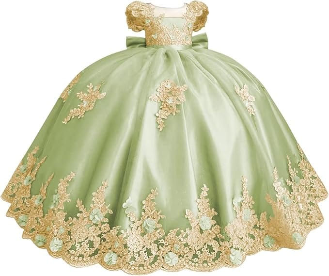18m / Sage Green Sunnypetal Gold Appliqué 3D Floral Beaded Flower Girl Dress with Bow and Train