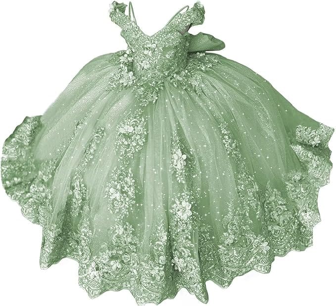 18m / Sage Green Sunnypetal Lace Appliqué 3D Flower Girl Dress with Bow for First Communion & Pageant