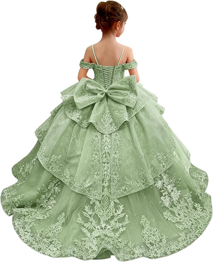 18m / Sage Green Sunnypetal Lace Appliqué Layered Tulle Ball Gown Flower Girl Pageant Dress with Bow