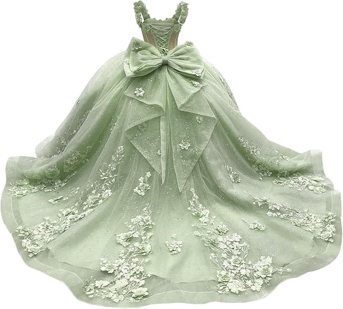 18m / Sage Green Sunnypetal Light Blue 3D Floral Appliqué Tulle Ball Gown Flower Girl Dress with Bow