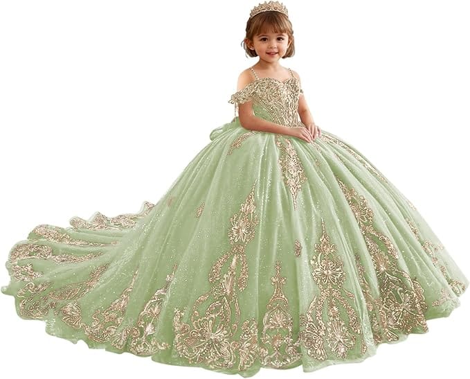18m / Sage Green Sunnypetal Luxury Red Gold Embroidery Tulle Ball Gown Flower Girl Dress with Bow