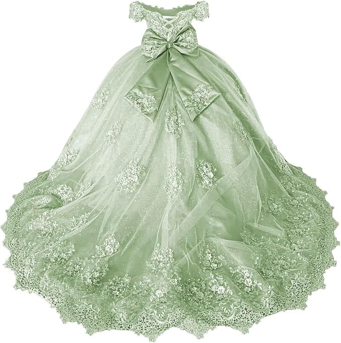 18m / Sage Green Sunnypetal Off-Shoulder Lace Appliqué Flower Girl &amp; Pageant Ball Gown with Bow