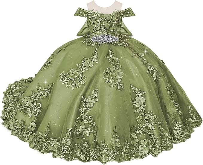 18m / Sage Green Sunnypetal Off-Shoulder Lace Appliques Tulle Flower Ball Gown Dresses with Bow