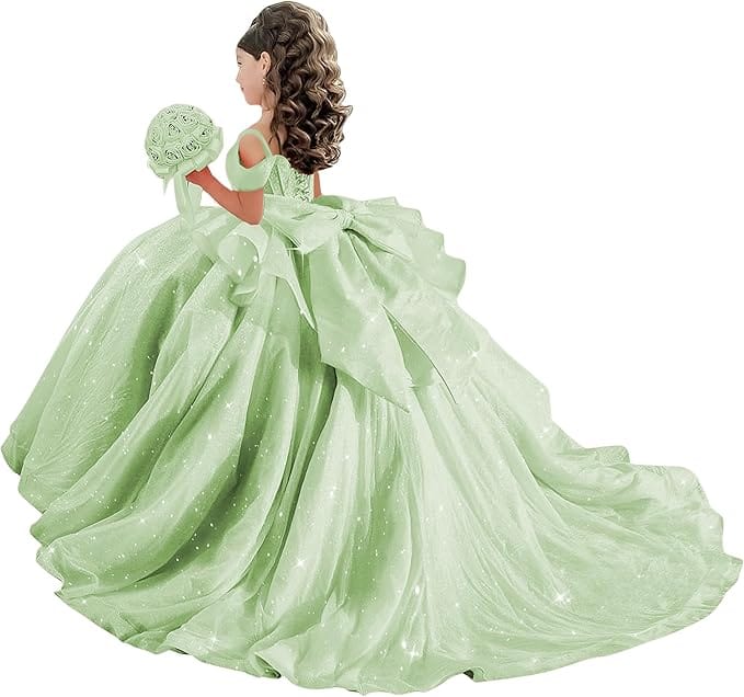 18m / Sage Green Sunnypetal Off-Shoulder Sweetheart Glitter Tulle Flower Girl Dress with Pearls Bow