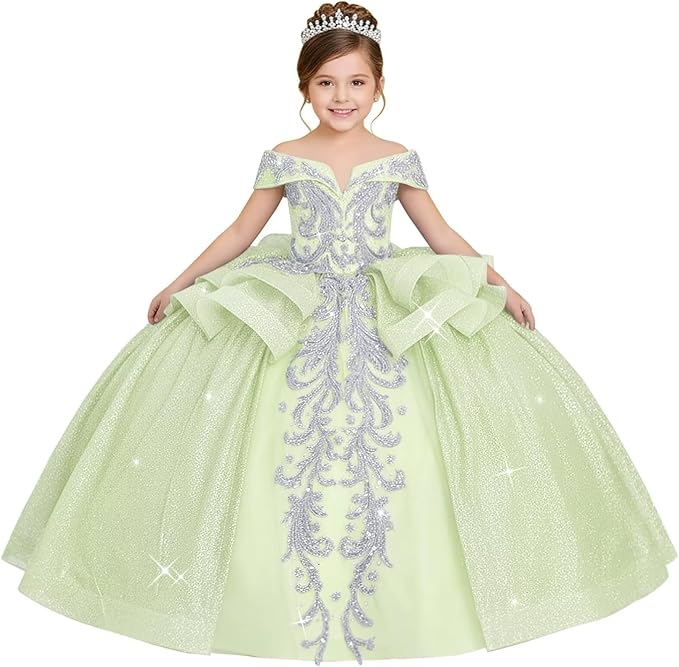 18m / Sage Green Sunnypetal Off-the-Shoulder Glitter Princess Flower Girl Dress with Lace Appliqués