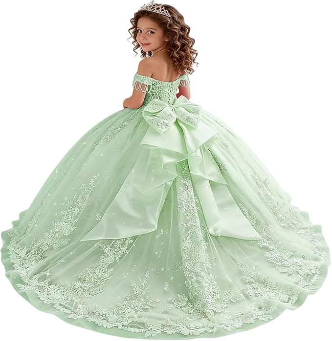 18m / Sage Green Sunnypetal Princess Off-the-Shoulder Lace Appliqué Tulle Ball Gown Flower Girl Dress with Bow