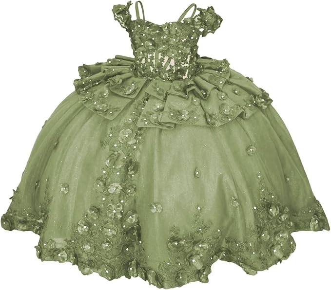 18m / Sage Green Sunnypetal Royal Blue 3D Floral Lace-Up Tulle Ball Gown Flower Girl Dress with Bows