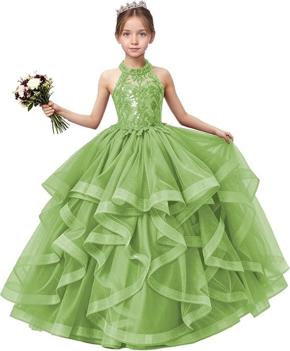 18m / Sage Green Sunnypetal Sequined Lace Appliqué Tiered Tulle Flower Girl Ball Gown with Halter Neck
