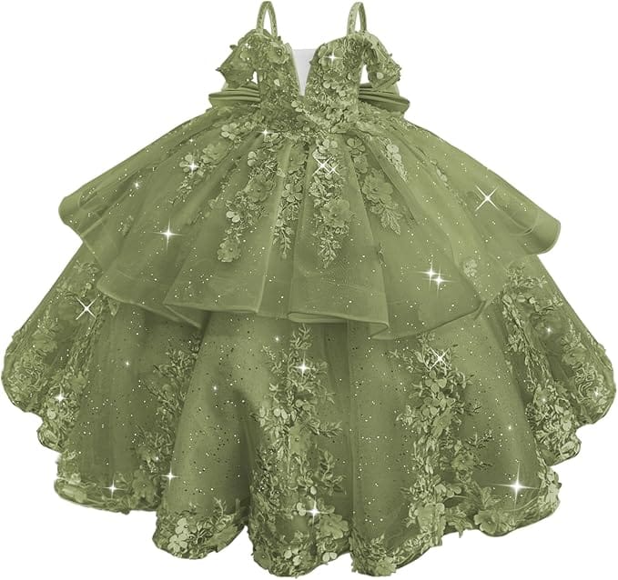 18m / Sage Sunnypetal Elegant Pink Off-the-Shoulder Tulle Flower Girl Dress with 3D Floral Appliqués