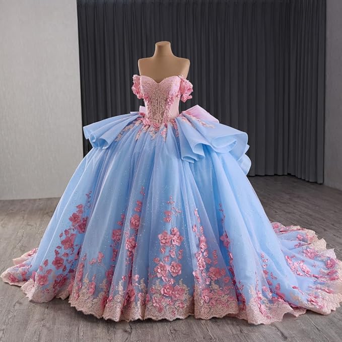 18m / Sky Blue Sunnypetal Blue & Pink Off-Shoulder Flower Girl Ball Gown with 3D Floral Appliques