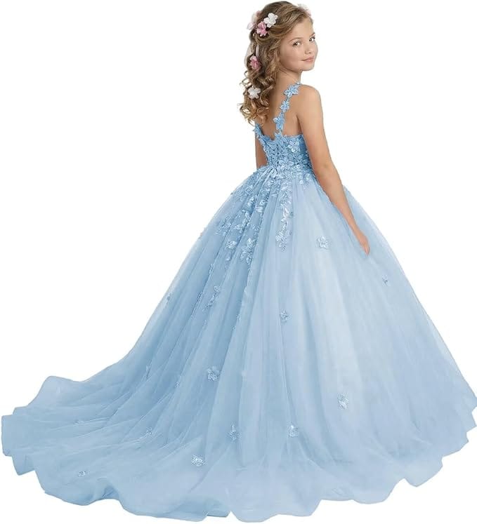 18m / Sky Blue Sunnypetal Enchanted Blush Floral Lace Ball Gown Flower Girl Dress for Special Occasions