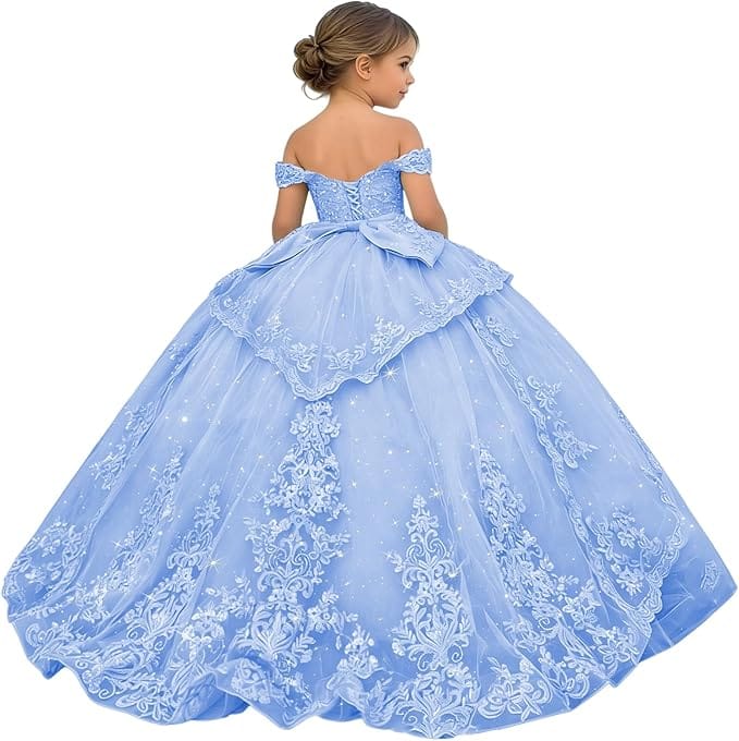 18m / Sky Blue Sunnypetal Glitter Layered Tulle Ball Gown Flower Girl Dress with Lace Appliqué and Bow