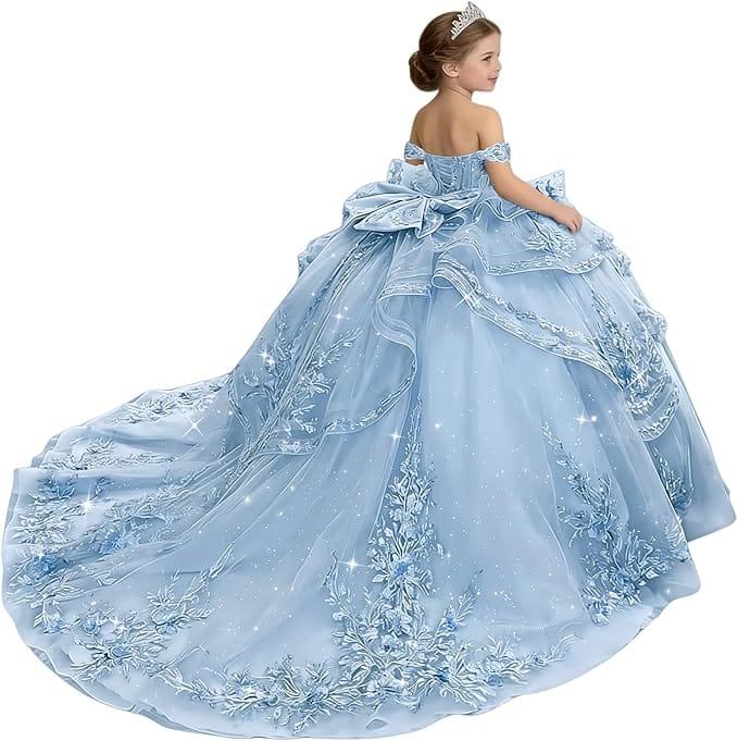 18m / Sky Blue Sunnypetal Glitter Layered Tulle Off-Shoulder Girls Pageant Ball Gown with Dramatic Train &amp; Bow