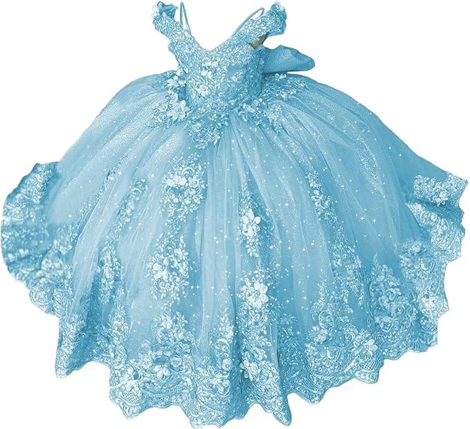 18m / Sky Blue Sunnypetal Lace Appliqué 3D Flower Girl Dress with Bow for First Communion &amp; Pageant