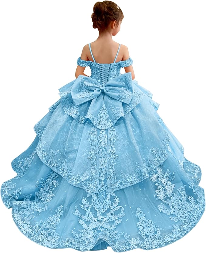 18m / Sky Blue Sunnypetal Lace Appliqué Layered Tulle Ball Gown Flower Girl Pageant Dress with Bow