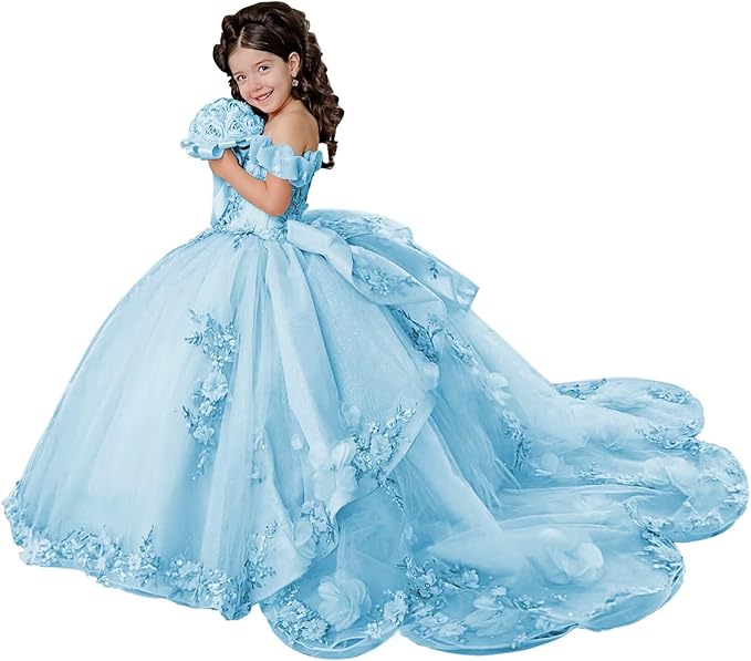 18m / Sky Blue Sunnypetal Layered Tulle Off-Shoulder Flower Girl Pageant Dress with 3D Floral