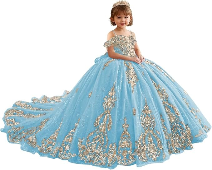 18m / Sky Blue Sunnypetal Luxury Red Gold Embroidery Tulle Ball Gown Flower Girl Dress with Bow