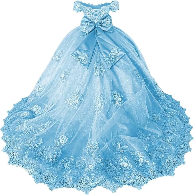 18m / Sky Blue Sunnypetal Off-Shoulder Lace Appliqué Flower Girl &amp; Pageant Ball Gown with Bow