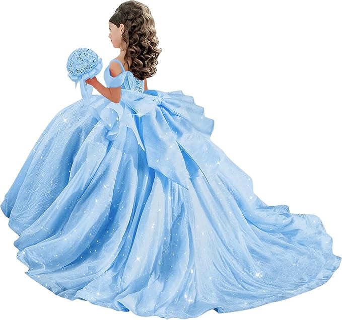 18m / Sky Blue Sunnypetal Off-Shoulder Sweetheart Glitter Tulle Flower Girl Dress with Pearls Bow
