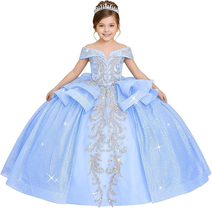 18m / Sky Blue Sunnypetal Off-the-Shoulder Glitter Princess Flower Girl Dress with Lace Appliqués