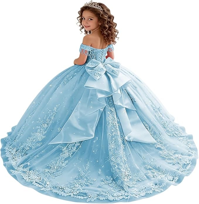 18m / Sky Blue Sunnypetal Princess Off-the-Shoulder Lace Appliqué Tulle Ball Gown Flower Girl Dress with Bow