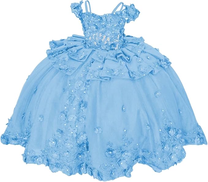 18m / Sky Blue Sunnypetal Royal Blue 3D Floral Lace-Up Tulle Ball Gown Flower Girl Dress with Bows
