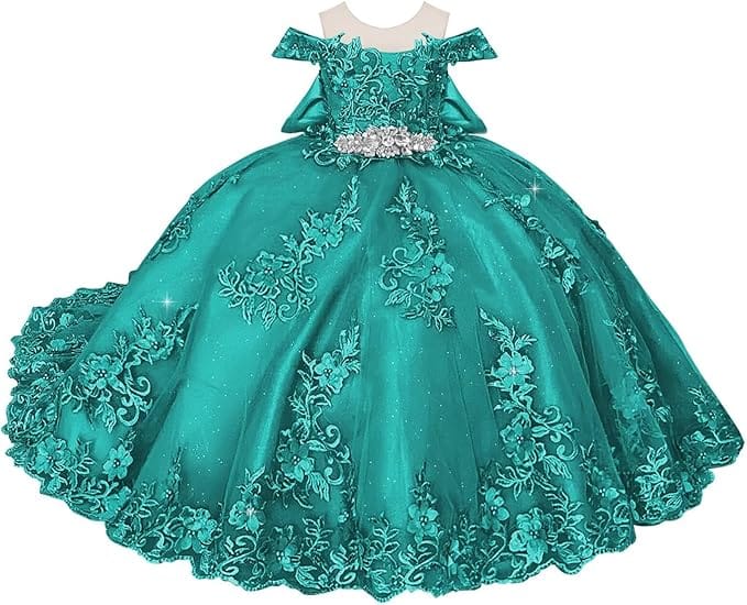 18m / Turquoise Sunnypetal Off-Shoulder Lace Appliques Tulle Flower Ball Gown Dresses with Bow