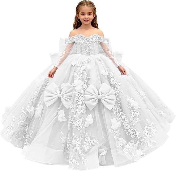 18m / White Sunnypetal 3D Floral Lace Appliqué Flower Girl Pageant Dress with Sleeves and Bow