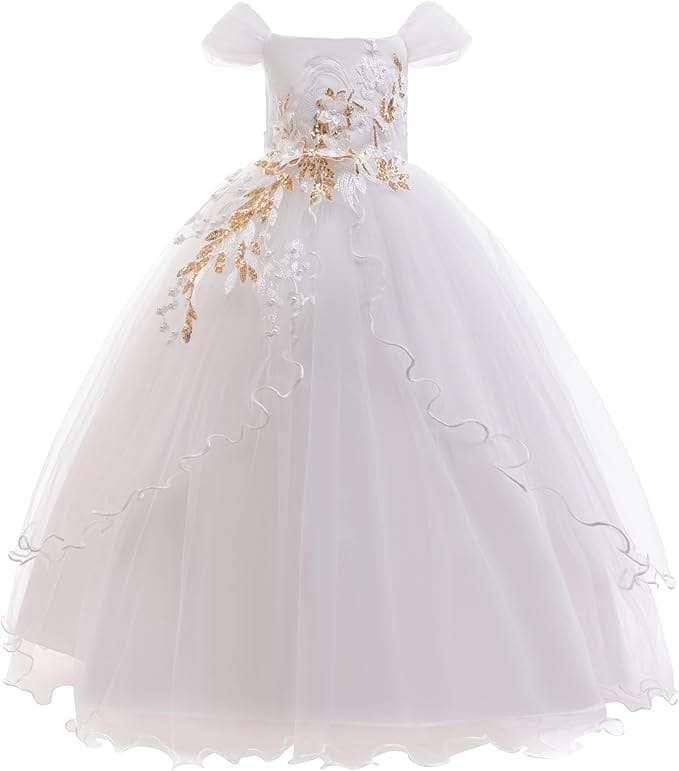 18m / White Sunnypetal Elegant Off-the-Shoulder Floral Appliqués Flower Girl Ball Gown