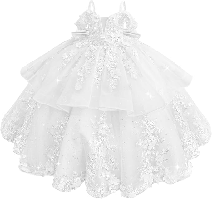 18m / White Sunnypetal Elegant Pink Off-the-Shoulder Tulle Flower Girl Dress with 3D Floral Appliqués