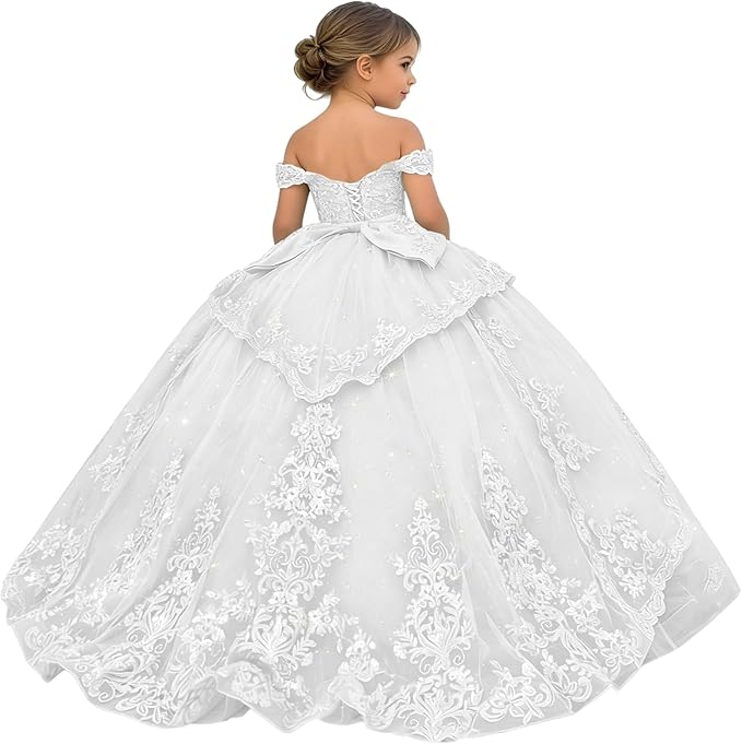 18m / White Sunnypetal Glitter Layered Tulle Ball Gown Flower Girl Dress with Lace Appliqué and Bow
