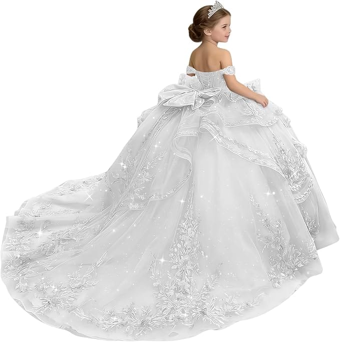 18m / White Sunnypetal Glitter Layered Tulle Off-Shoulder Girls Pageant Ball Gown with Dramatic Train &amp; Bow