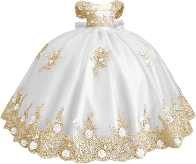 18m / White Sunnypetal Gold Appliqué 3D Floral Beaded Flower Girl Dress with Bow and Train