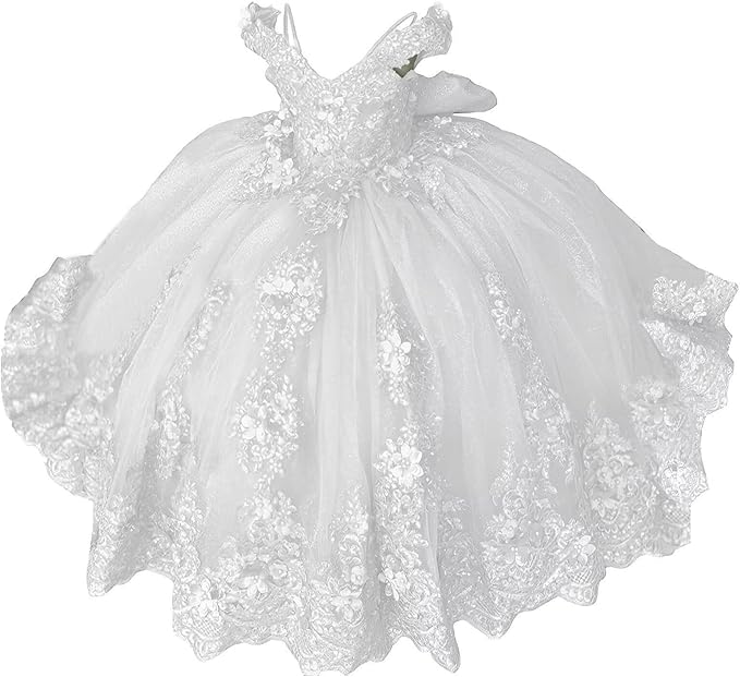 18m / White Sunnypetal Lace Appliqué 3D Flower Girl Dress with Bow for First Communion &amp; Pageant