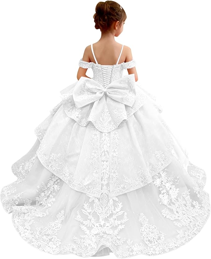 18m / White Sunnypetal Lace Appliqué Layered Tulle Ball Gown Flower Girl Pageant Dress with Bow