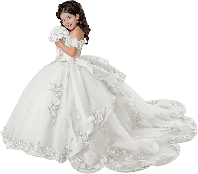 18m / White Sunnypetal Layered Tulle Off-Shoulder Flower Girl Pageant Dress with 3D Floral