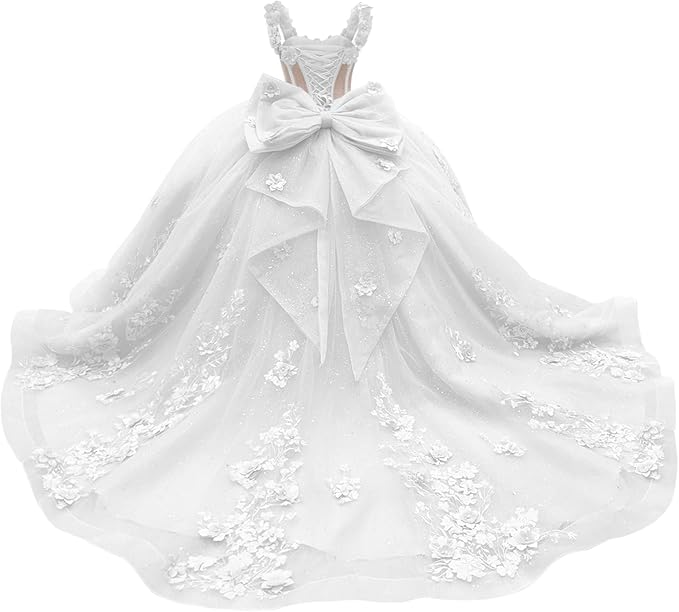 18m / White Sunnypetal Light Blue 3D Floral Appliqué Tulle Ball Gown Flower Girl Dress with Bow