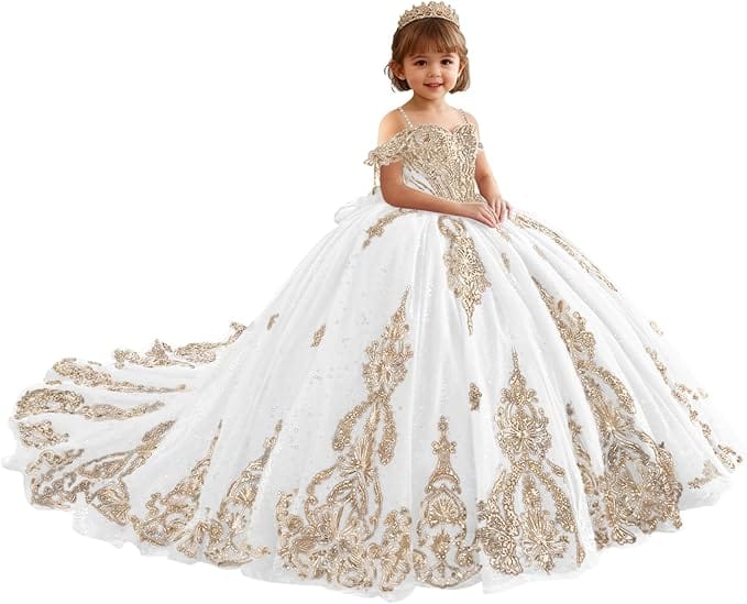 18m / White Sunnypetal Luxury Red Gold Embroidery Tulle Ball Gown Flower Girl Dress with Bow