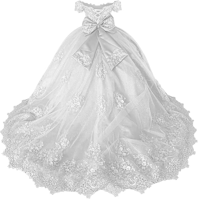 18m / White Sunnypetal Off-Shoulder Lace Appliqué Flower Girl &amp; Pageant Ball Gown with Bow