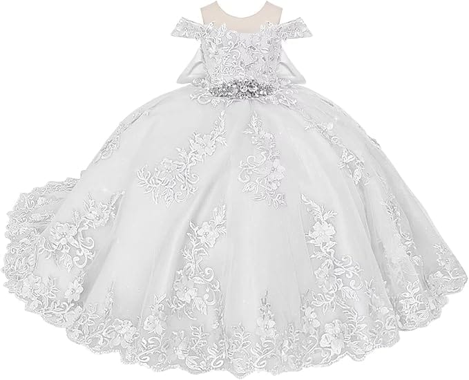 18m / White Sunnypetal Off-Shoulder Lace Appliques Tulle Flower Ball Gown Dresses with Bow