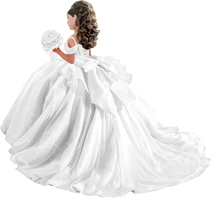 18m / White Sunnypetal Off-Shoulder Sweetheart Glitter Tulle Flower Girl Dress with Pearls Bow