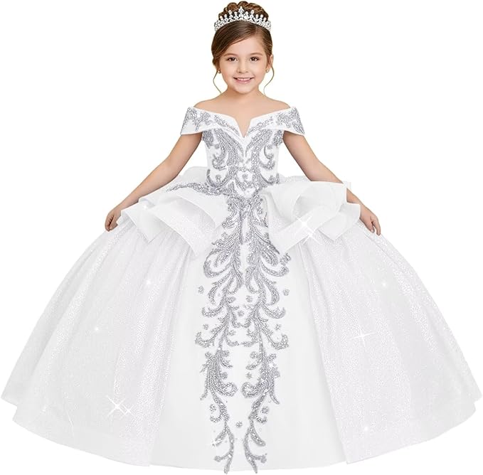 18m / White Sunnypetal Off-the-Shoulder Glitter Princess Flower Girl Dress with Lace Appliqués