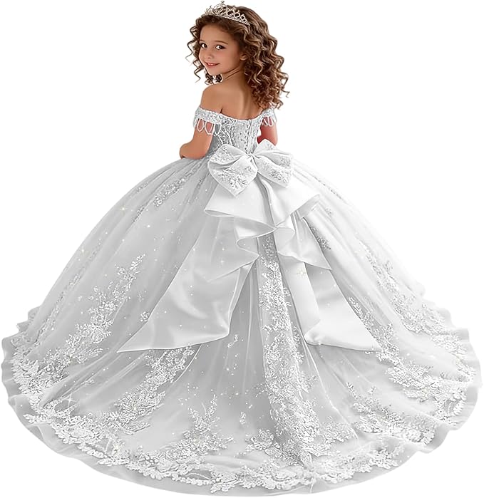 18m / White Sunnypetal Princess Off-the-Shoulder Lace Appliqué Tulle Ball Gown Flower Girl Dress with Bow
