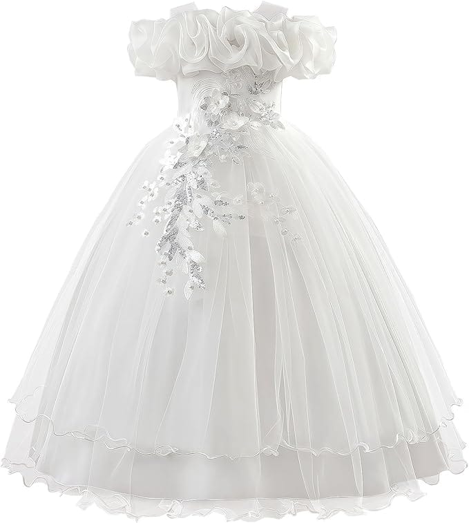 18m / White Sunnypetal Romantic Off-the-Shoulder Tulle Flower Girl Dress with Floral Appliqués
